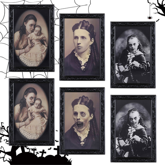 Set of framed black and white portraits with a Halloween-themed background