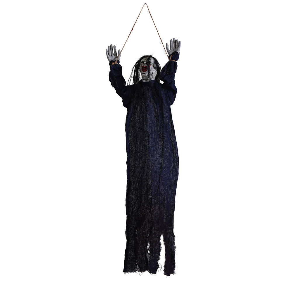 Hanging ghost decoration with a dark robe and red eyes on a white background
