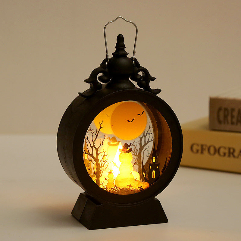 Decorative lantern with a Halloween-themed cutout design on a neutral background