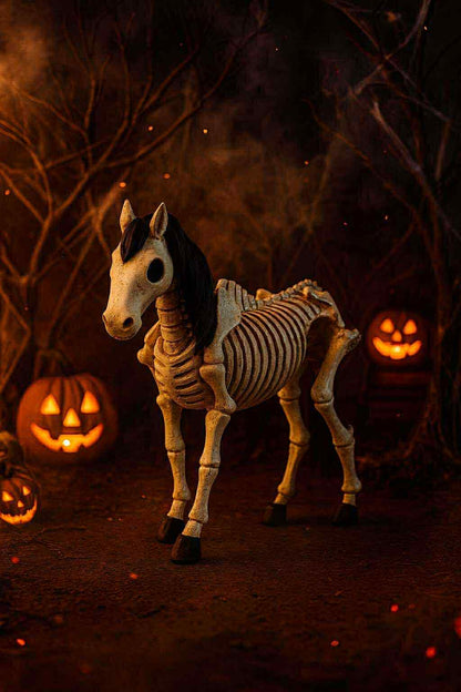 Halloween-themed horse skeleton figure with jack-o'-lanterns in a dark forest setting