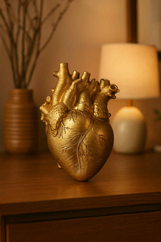 Gold anatomical heart sculpture on a wooden surface with a warm background