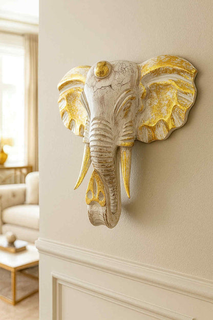 Large Elephant Head - Gold & Whitewash