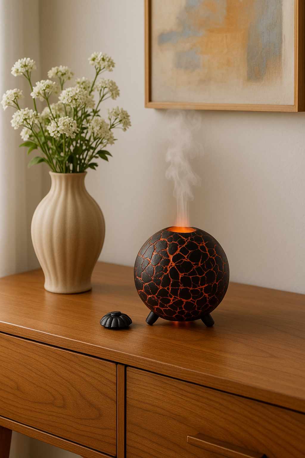 A cracked-patterned diffuser on a wooden surface with a vase of flowers and abstract art in the background.