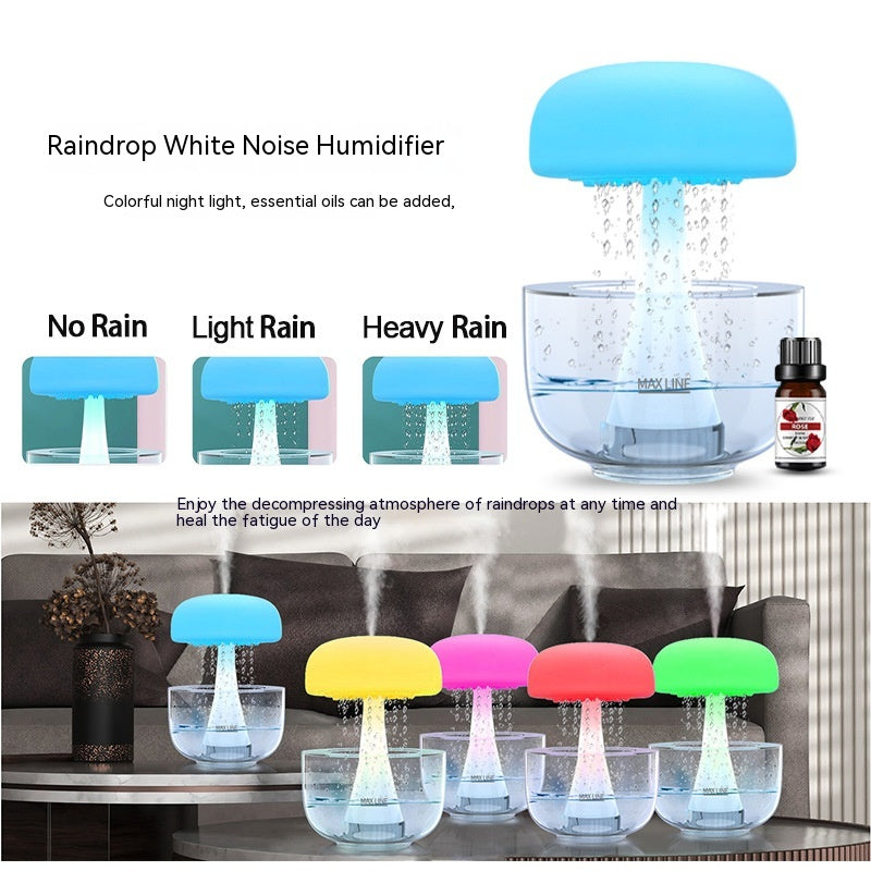 Raindrop white noise humidifier with colorful night light and essential oil bottle on a white background.