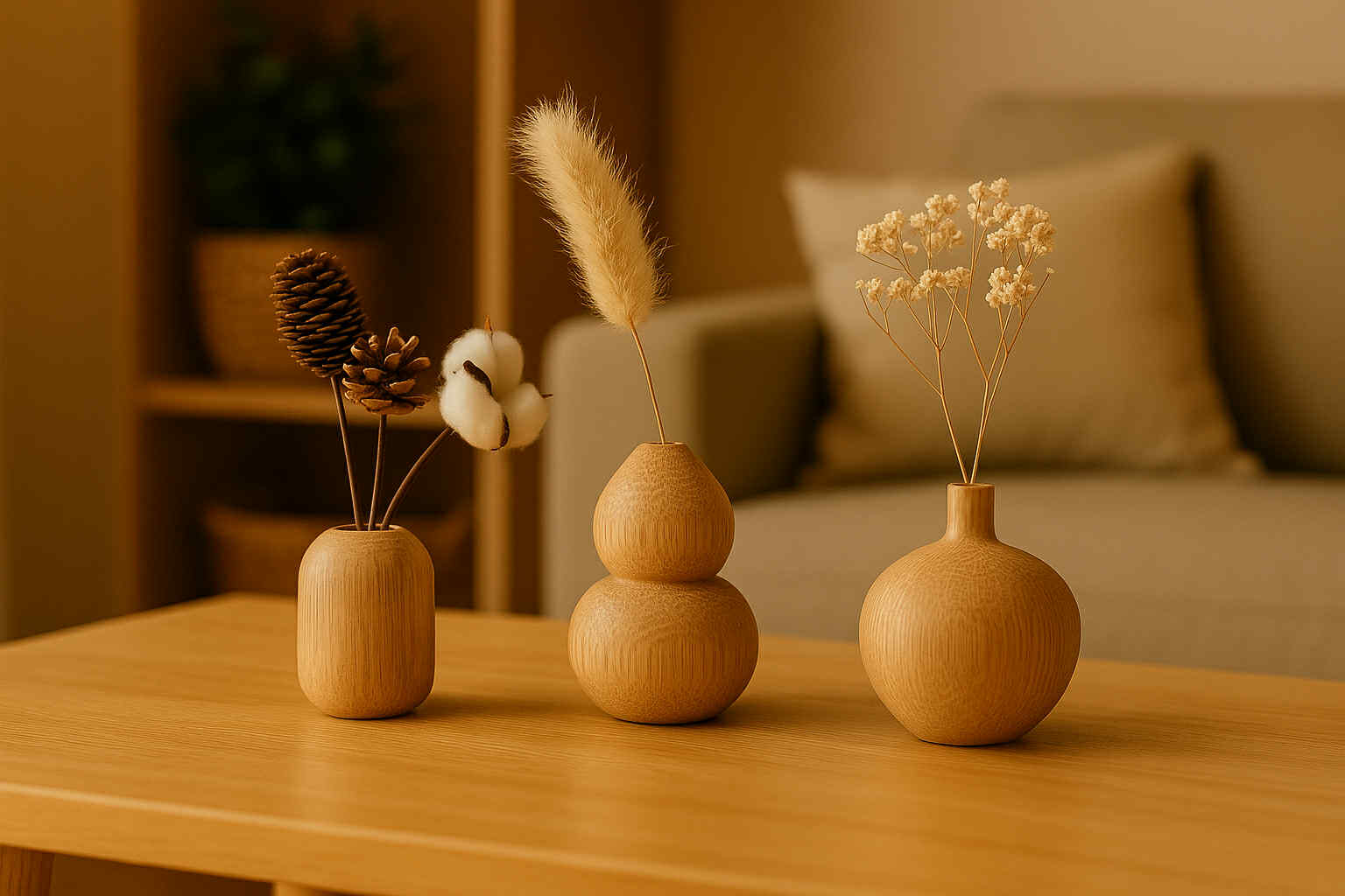 Three wooden vases with decorative plants on a wooden table in a cozy living room.