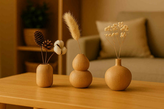 Three wooden vases with decorative plants on a wooden table in a cozy living room.