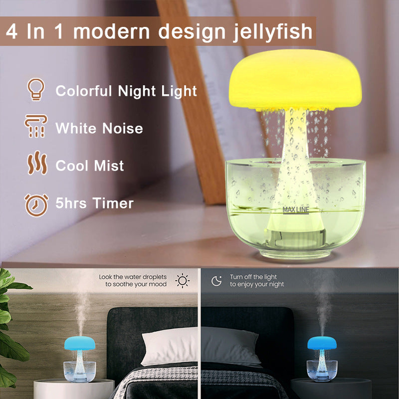 Modern design jellyfish night light with colorful light, white noise, cool mist, and timer features.