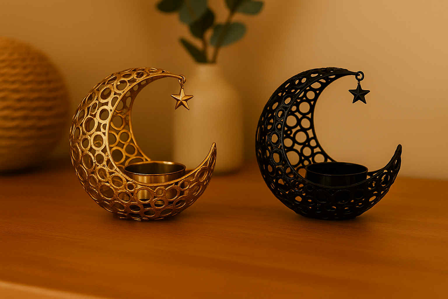 Decorative candle holders shaped like moons with star designs on a wooden surface.