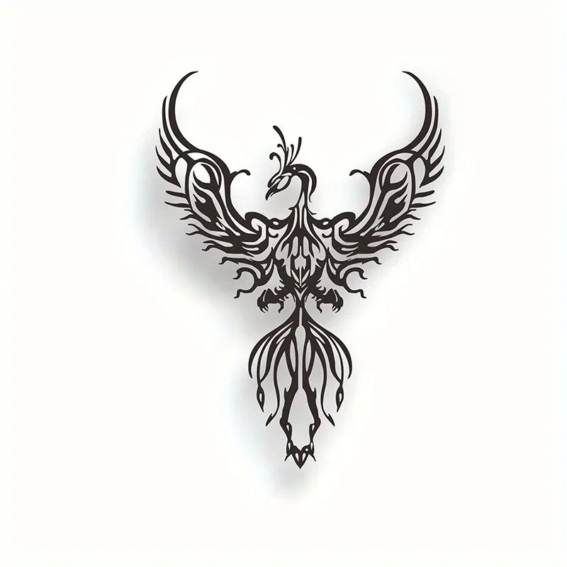 Black tribal phoenix design on a white background