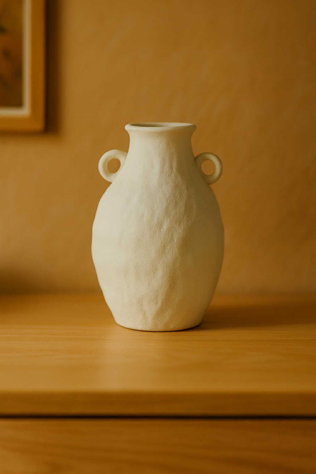 White ceramic vase with two handles on a wooden surface against a beige wall.