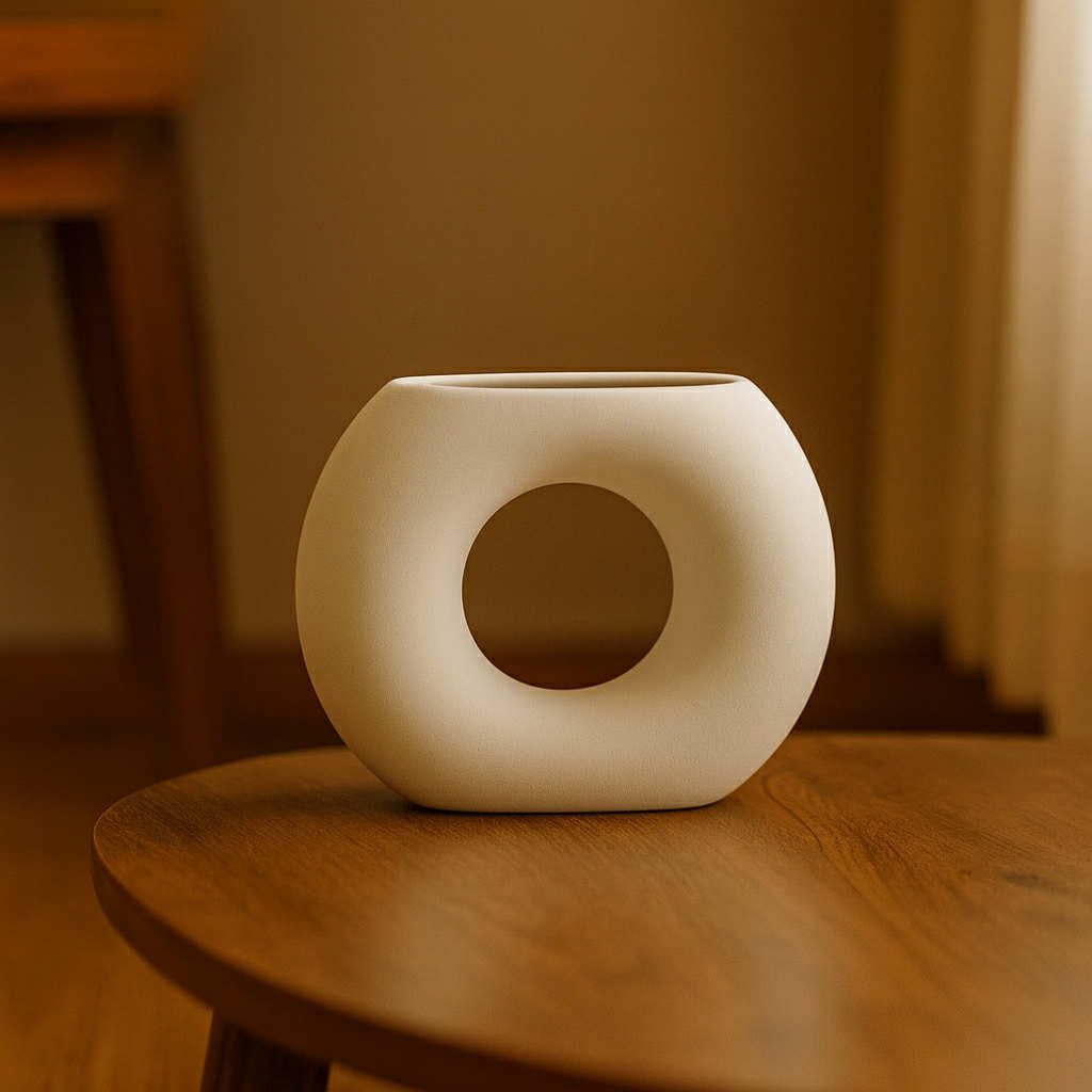 White ceramic vase with a circular design on a wooden surface