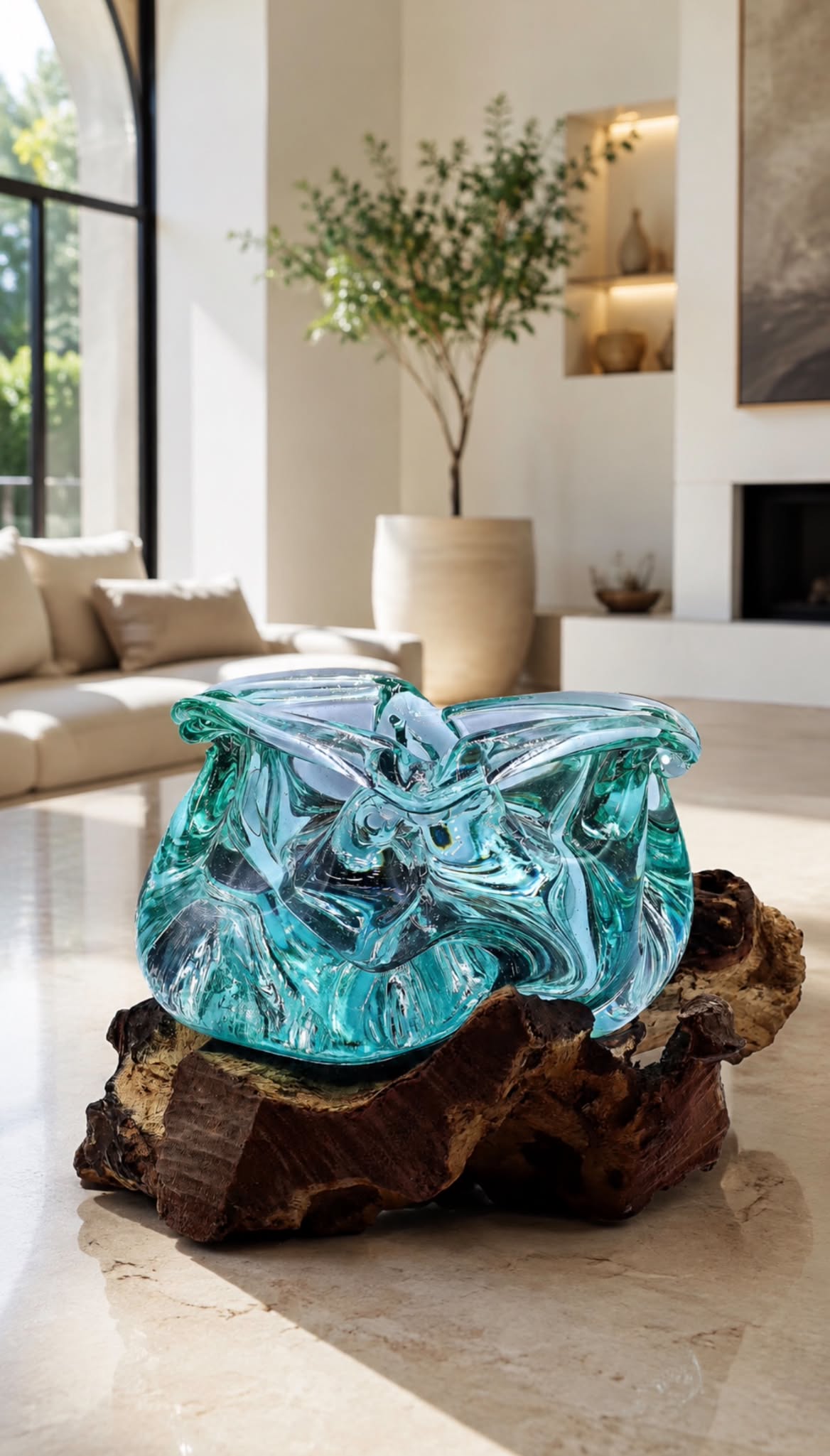 Molten Glass Chunky Ashtray / Candle Holder on Wood