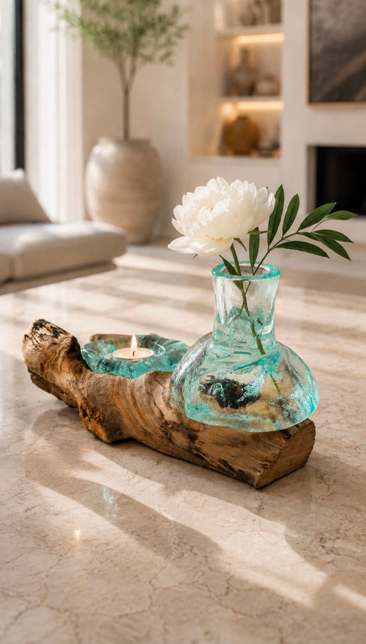 Small Flower Vase and Tealight Holder on Wood