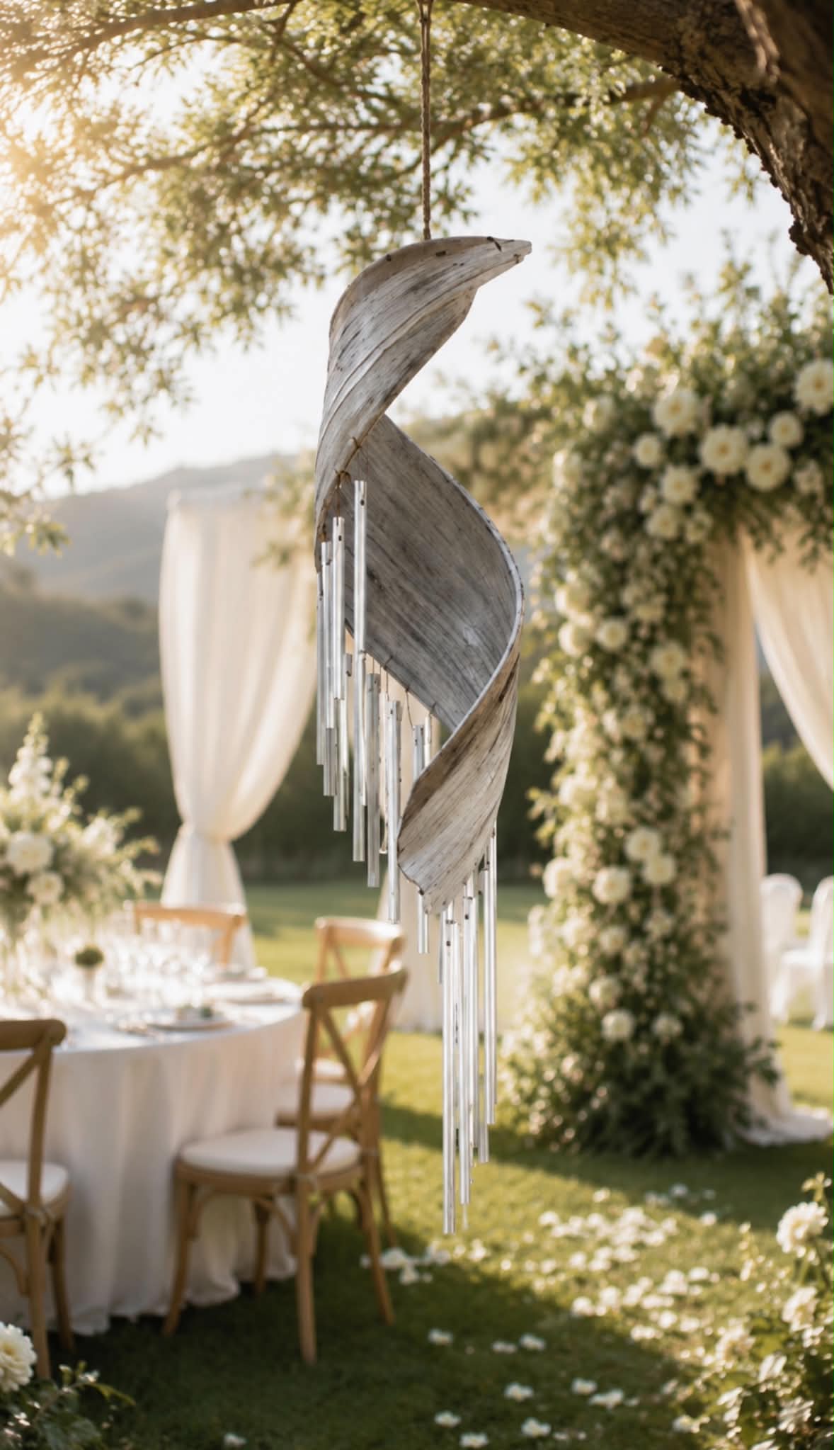 A rustic spiral wooden hanging ornament with long silver-toned fringe, suspended outdoors in a garden setting with tables, chairs, draped fabric, and floral arches in the background.
