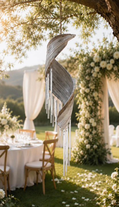 A rustic spiral wooden hanging ornament with long silver-toned fringe, suspended outdoors in a garden setting with tables, chairs, draped fabric, and floral arches in the background.