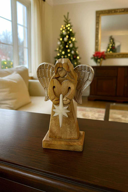 Large Mango Wood Peace Angel Metal Wings & Enamel Detail