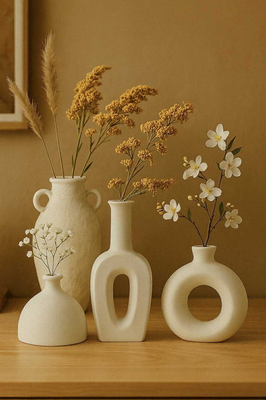 Set of four white ceramic vases with dried plants on a wooden surface against a beige wall.