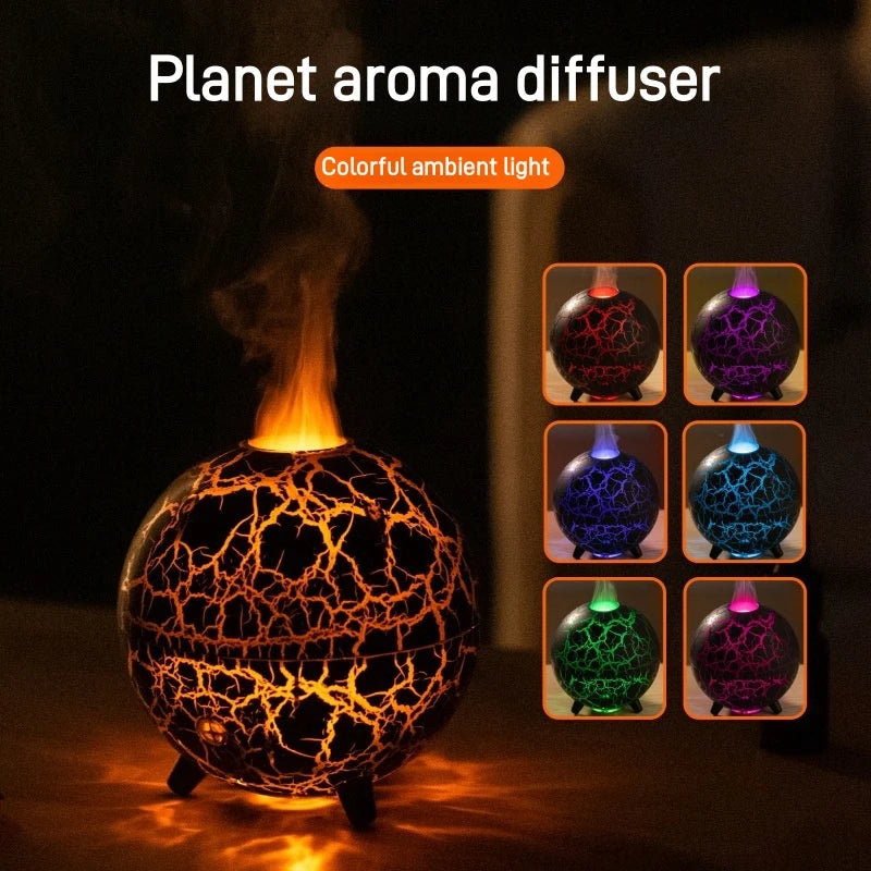 Planet aroma diffuser with colorful ambient light on a dark background