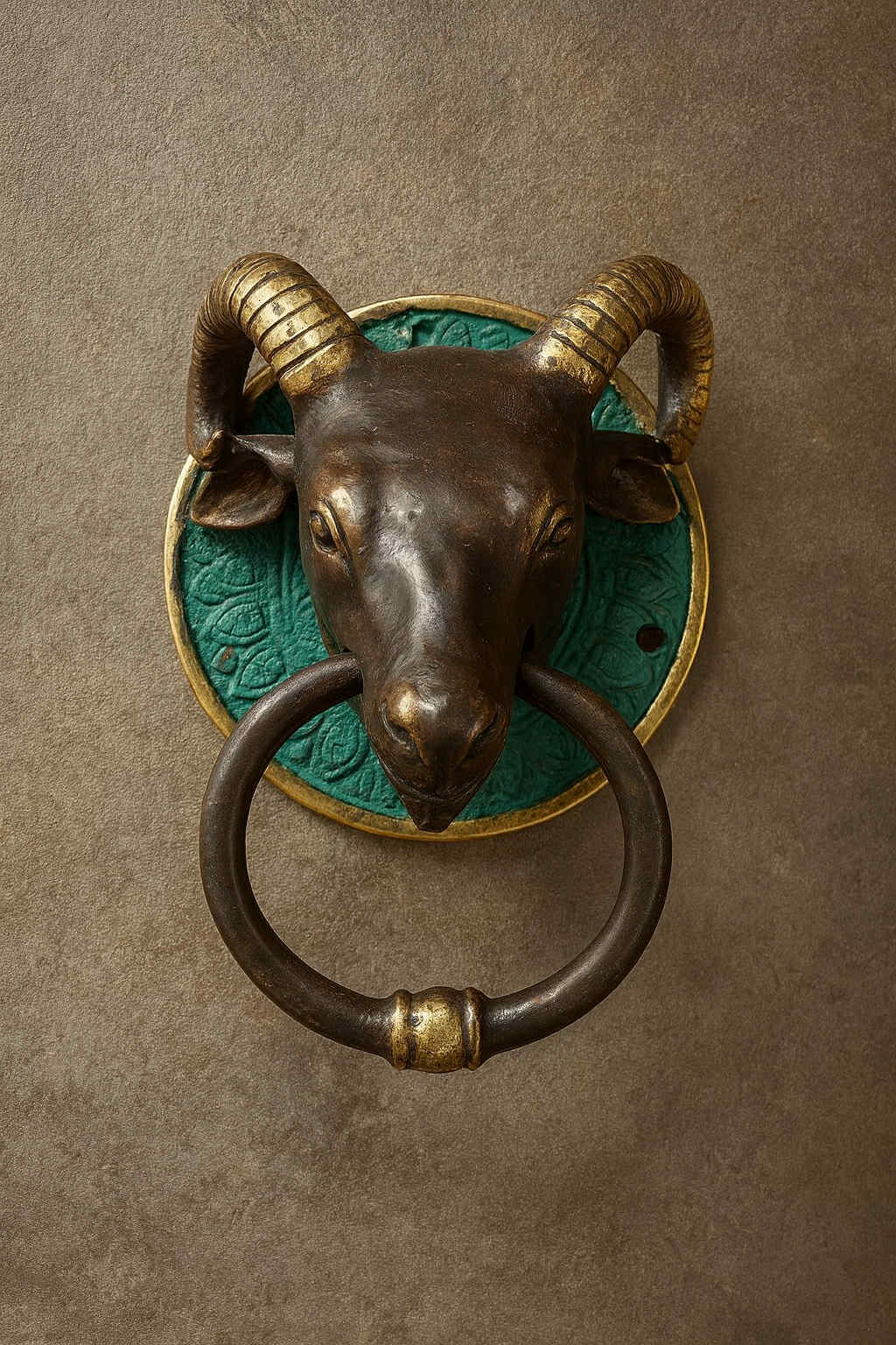 Decorative door knocker with ram's head design on a brown background