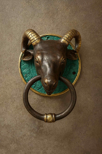 Decorative door knocker with ram's head design on a brown background