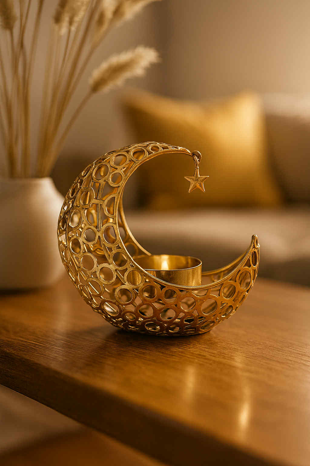 Decorative gold candle holder shaped like a crescent moon with a star on a wooden surface.