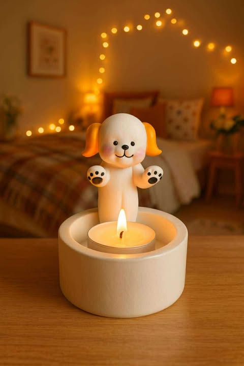 Decorative dog-shaped candle holder with a lit candle on a wooden surface, with a cozy room in the background.