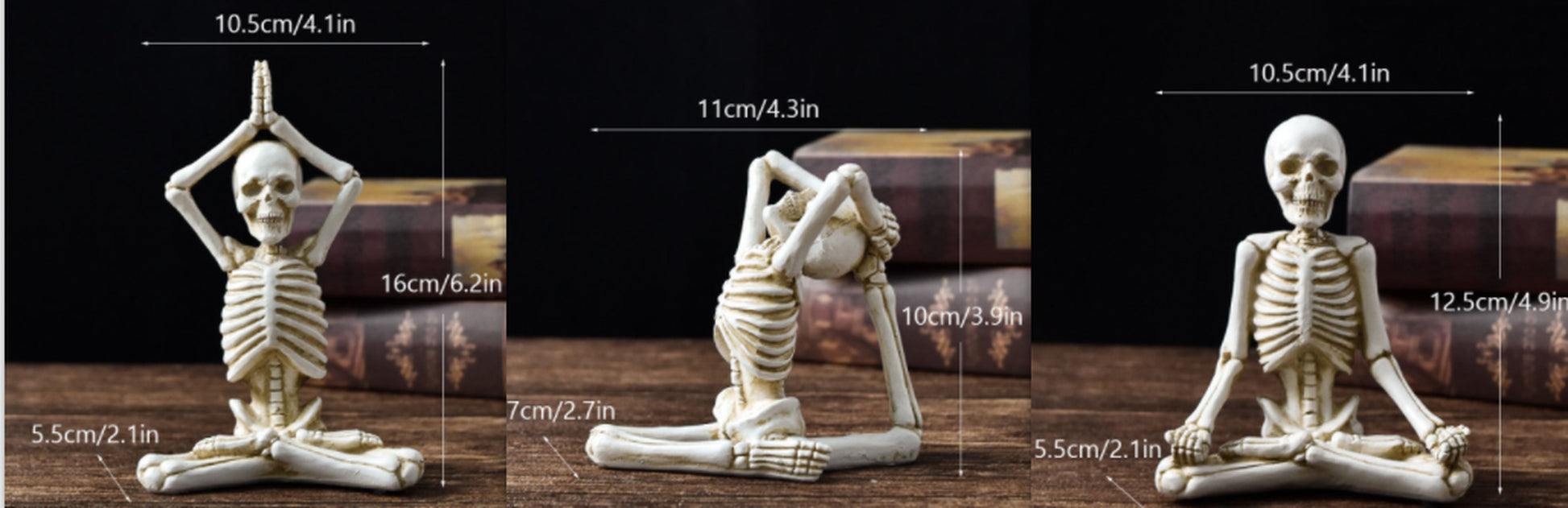 Three skeleton figures in yoga poses with measurements on a wooden surface.