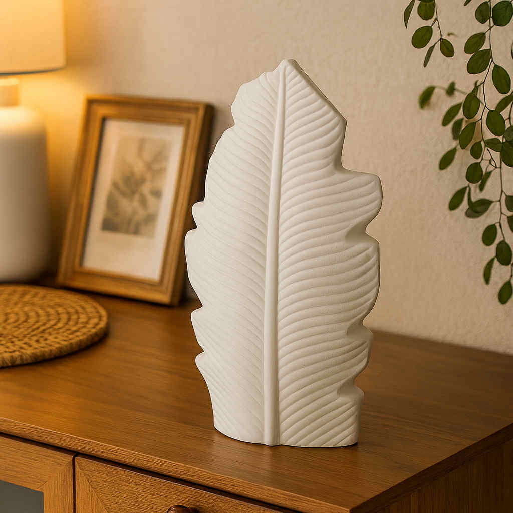 White leaf-shaped vase on a wooden surface with a warm ambiance