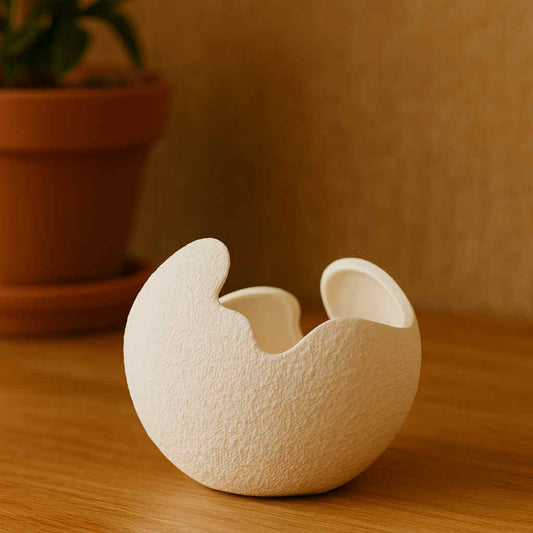White ceramic moon-shaped object on a wooden surface with a blurred plant pot in the background