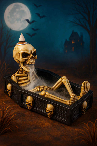 Skeleton in a coffin with a haunted house and moonlit sky in the background