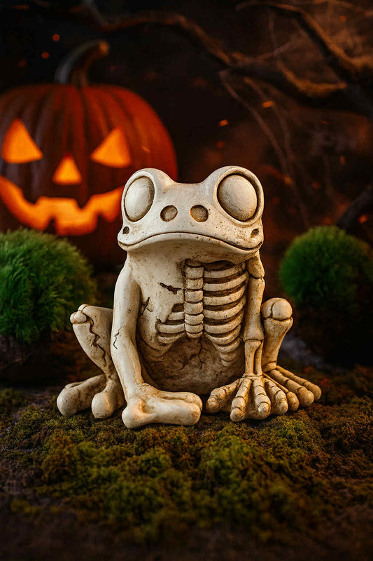 Frog skeleton figurine with a glowing jack-o'-lantern in the background
