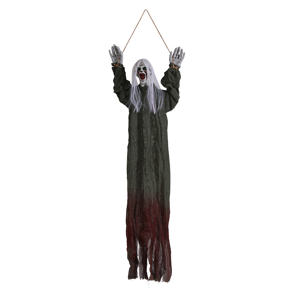 Hanging ghost decoration with outstretched arms on a white background