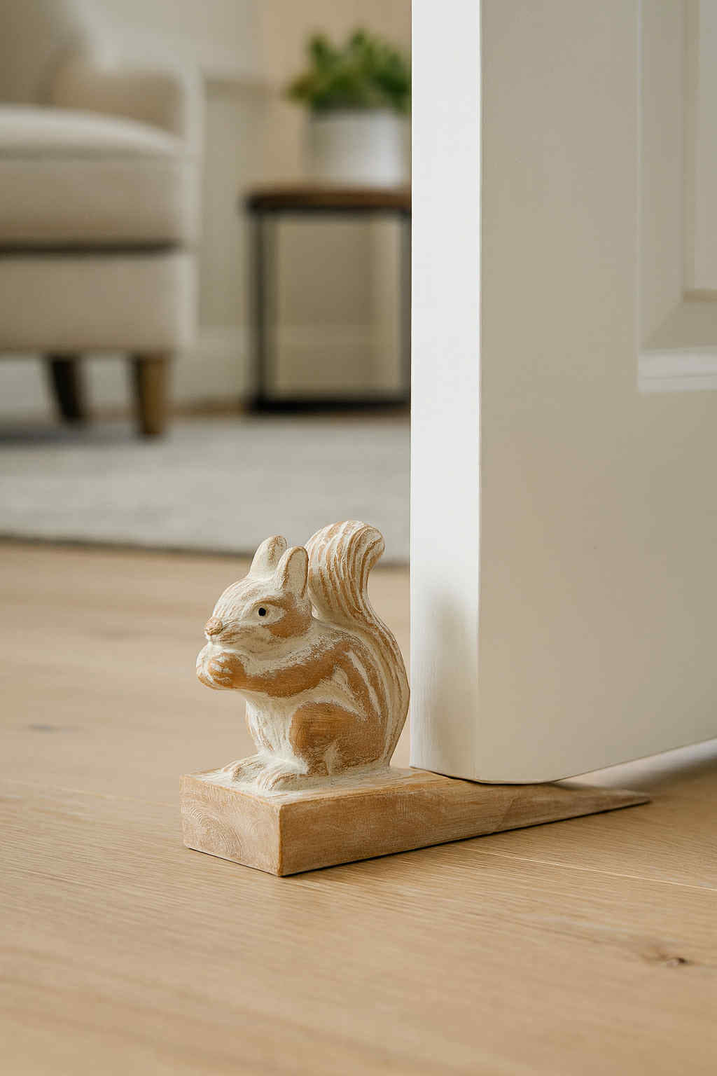 Wooden squirrel door stopper on a wooden floor with a blurred indoor background