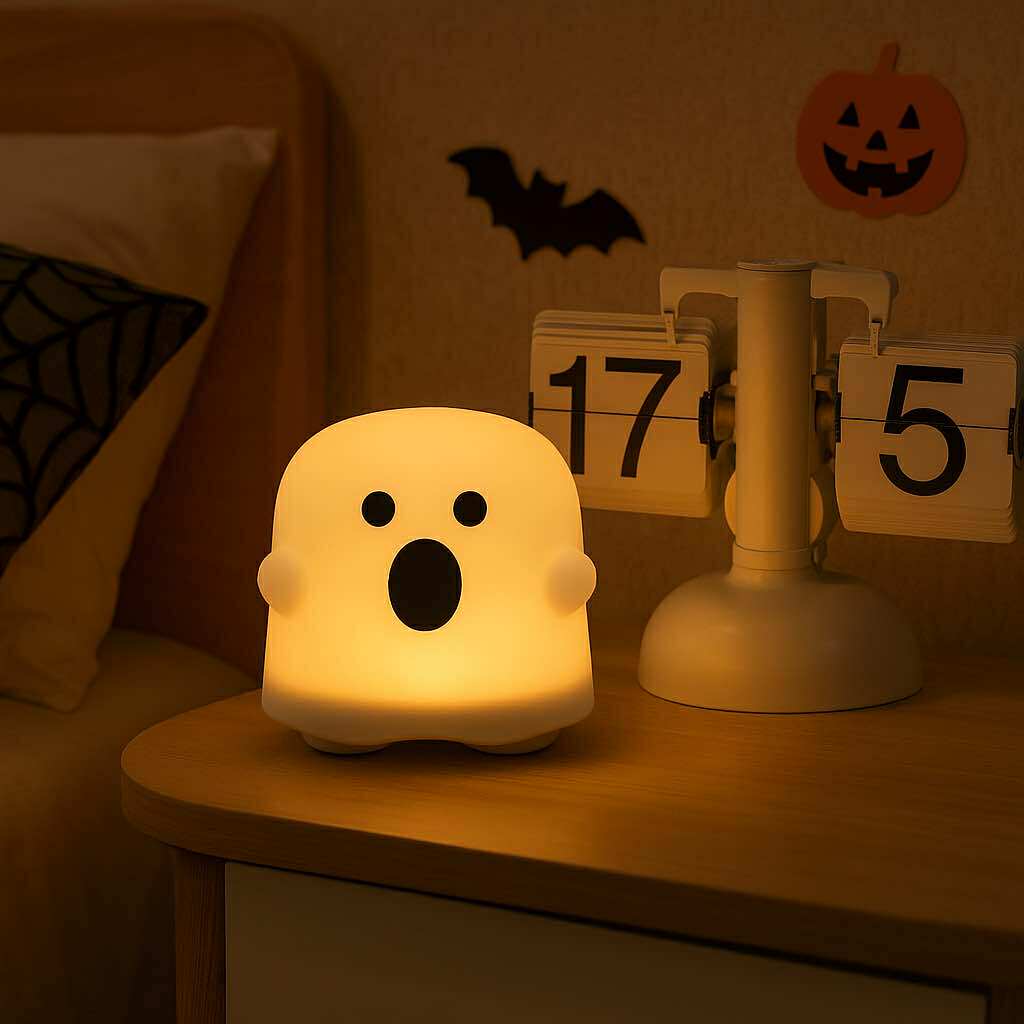 Ghost-shaped night light on a table with Halloween decorations in the background
