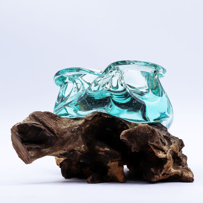 Molten Glass Chunky Ashtray / Candle Holder on Wood