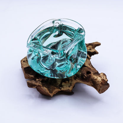 Molten Glass Chunky Ashtray / Candle Holder on Wood