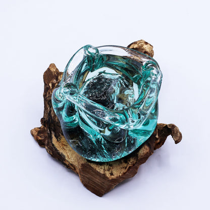 Molten Glass Chunky Ashtray / Candle Holder on Wood