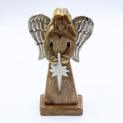 Large Mango Wood Peace Angel Metal Wings & Enamel Detail